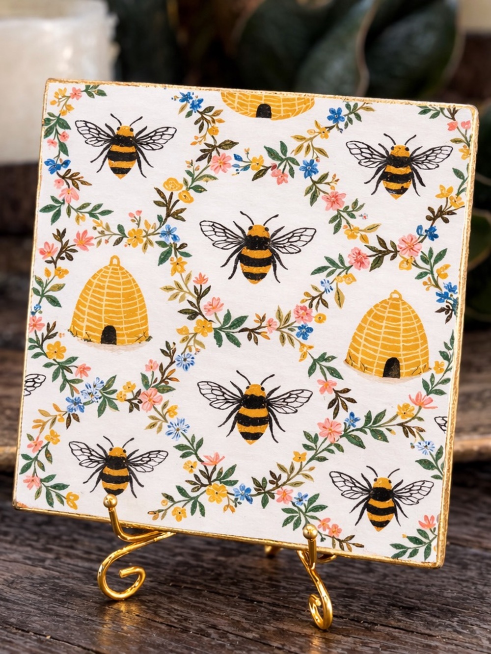 Hand crafted honey bee ceramic coaster 4”